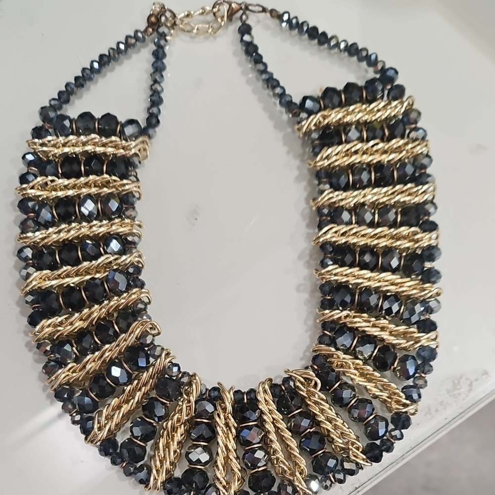 Elegant Gold and Blue Beaded Necklace To Enhance A Blue Dress